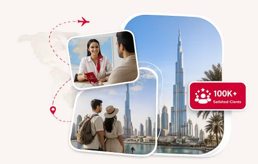 Visa consultant assisting travelers, with Dubai skyline and 100K+ satisfied clients badge