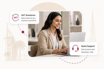 Support agent with headset offering 24/7 UAE visa assistance