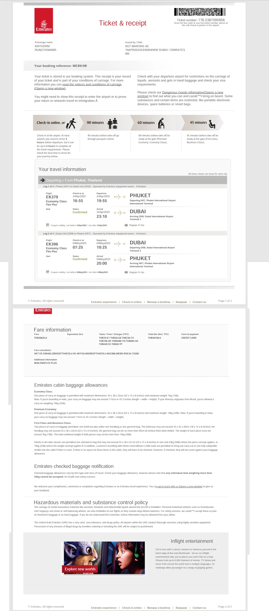 Sample confirmed flight ticket showing passenger name, flight number and travel dates