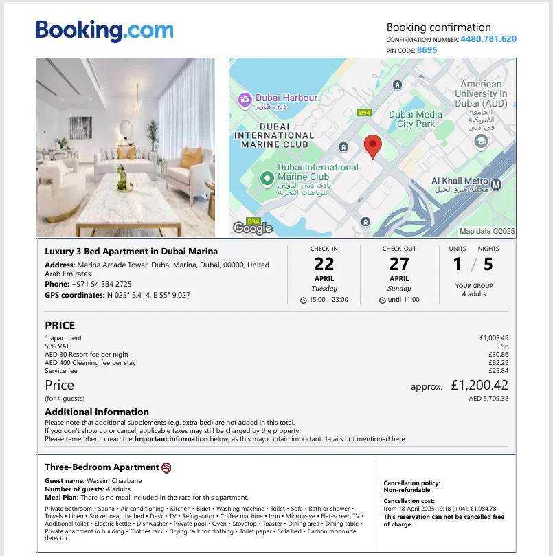 Sample confirmed hotel booking showing guest name, hotel details and check-in and check-out dates