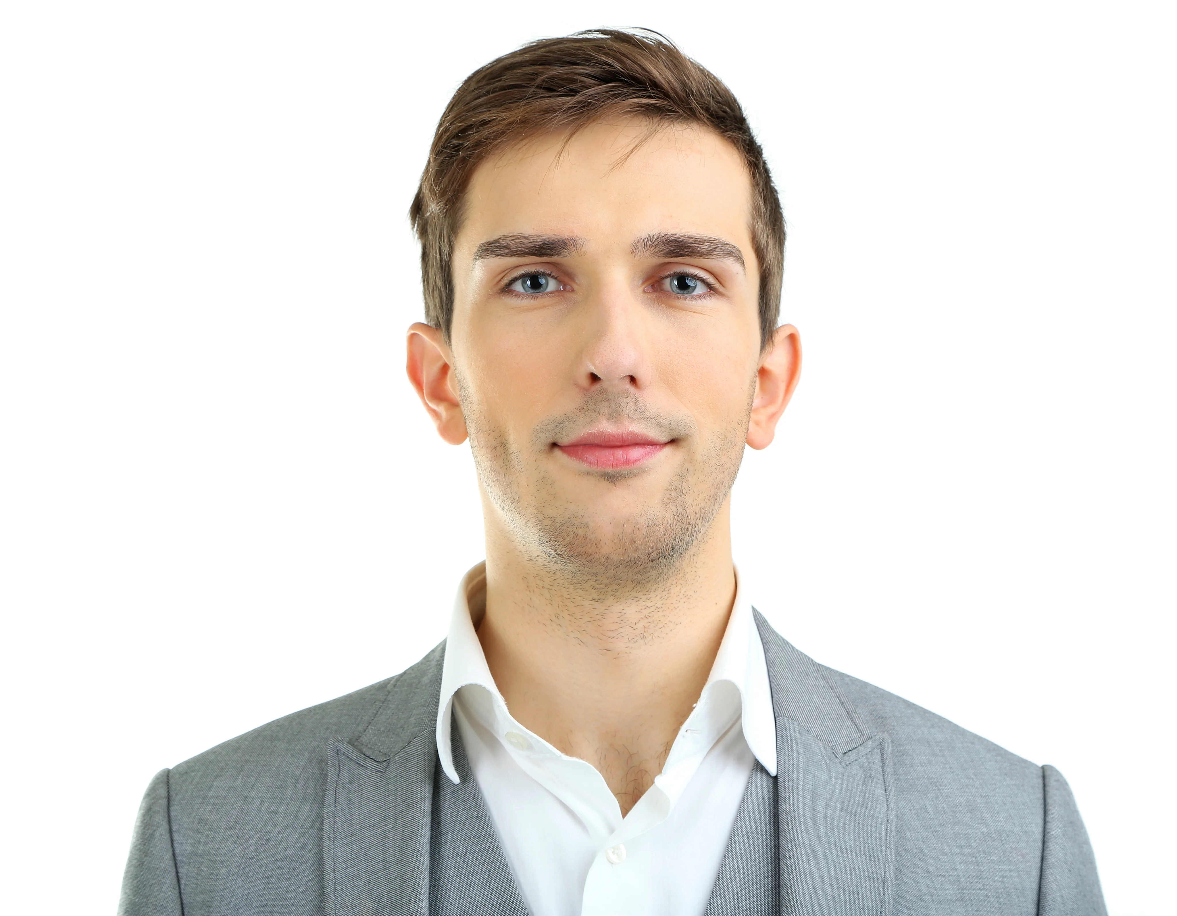 Correct visa photo example: front-facing portrait on a white background, 2 by 2 inches