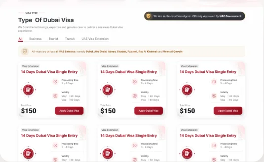 Type of Dubai visa page listing tourist, transit and business visa options