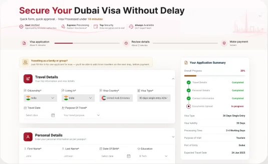 Dubai visa application form with travel details, applicant details and document upload