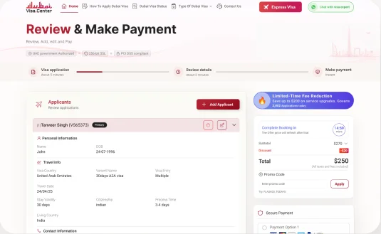 Review and make payment page showing the visa fee summary