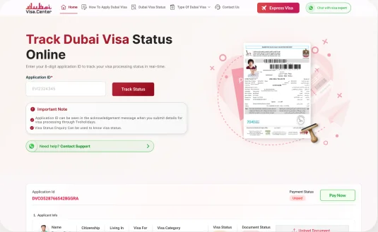 Track Dubai visa status online page with visa download option